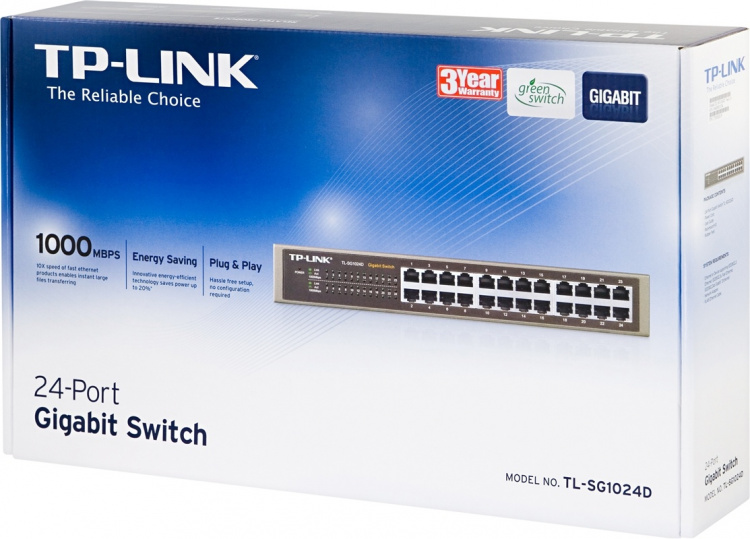 TP-LINK, netværksswitch, 24-ports 10/100/1000Mbps, RJ45, metal, 19