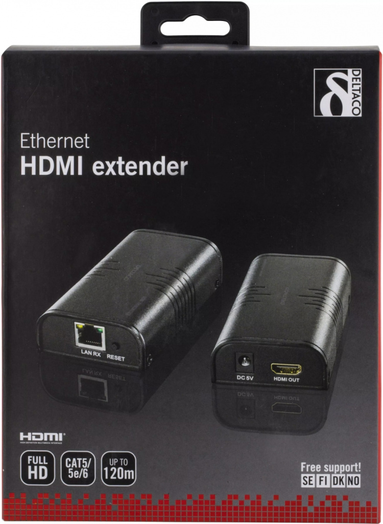 DELTACO Ethernet HDMI-forlænger, op til 120m i 1080P med Cat6, sort