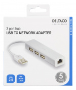 DELTACO USB 2.0 netværksadapter med USB-hub, 10/100Mbps, 1xRJ45, 3x t