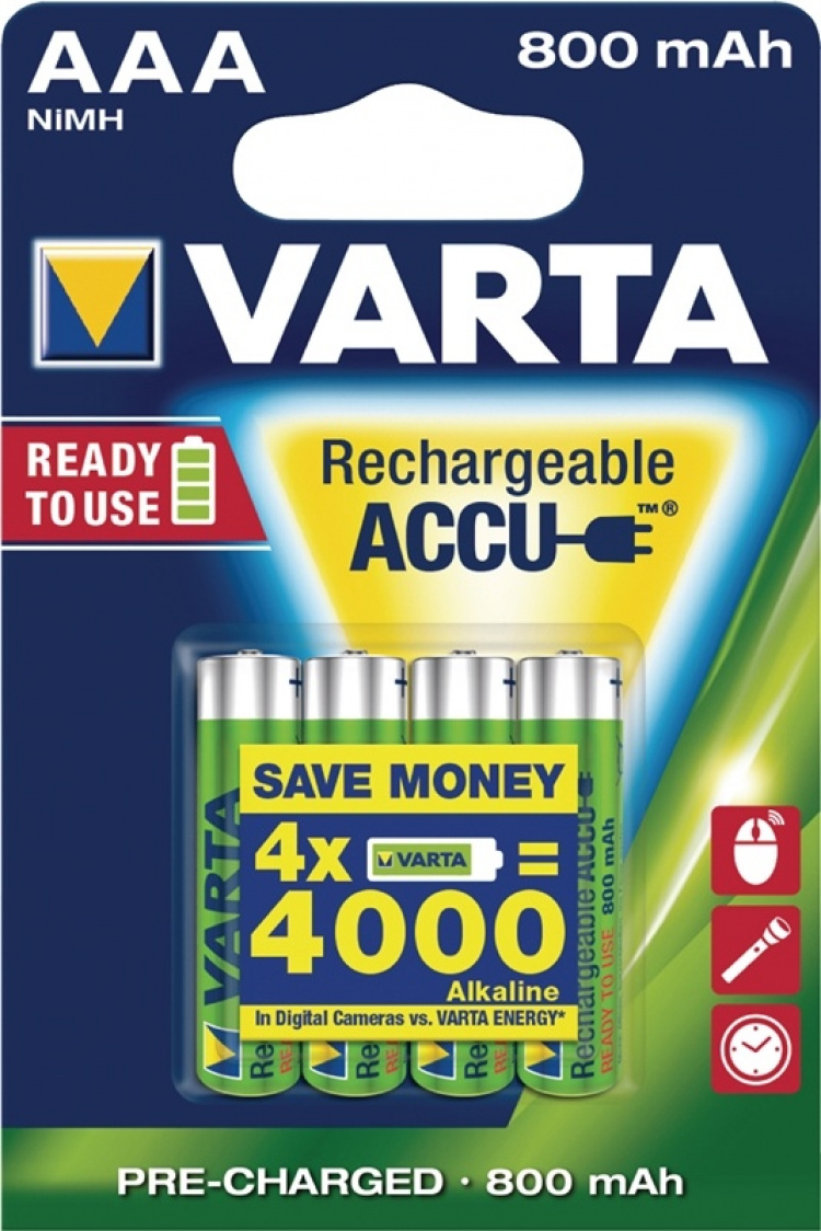 Varta Genopladelige Ni-MH Batteri AAA | 1.2 V DC | 800 mAh | Forudladet | 4-Blister kort