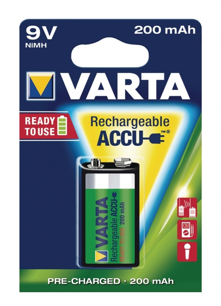 Varta Genopladelige Ni-MH batteri E-Block | 9 V DC | 200 mAh | Forudladet | 1-Blister | 6HR61 | Grøn / Gul