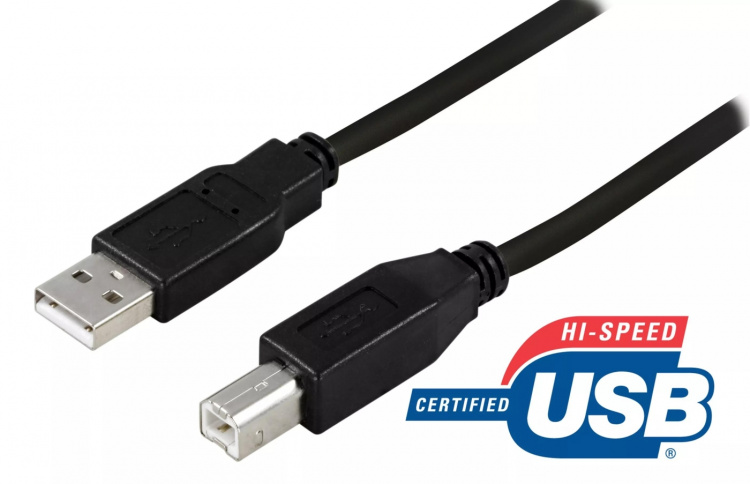 DELTACO, USB 2.0 kabel, USB-A han - USB-B han, 2m, sort