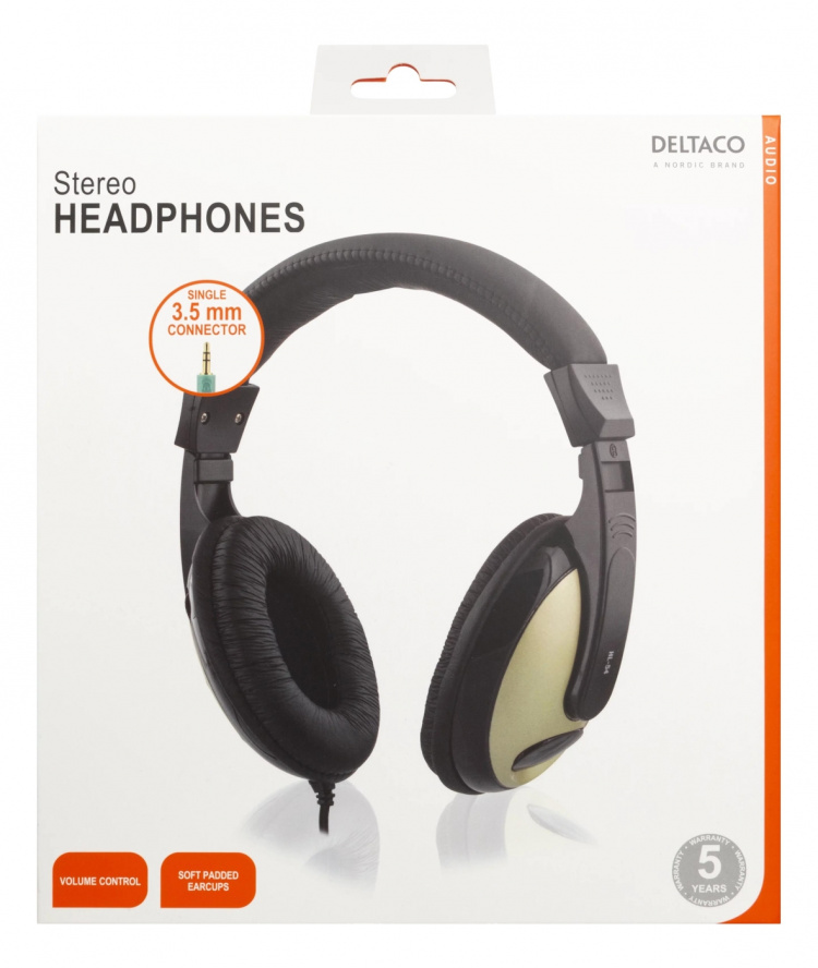 DELTACO høretelefon, volumekontrol, 2,5m kabel, sort/guld