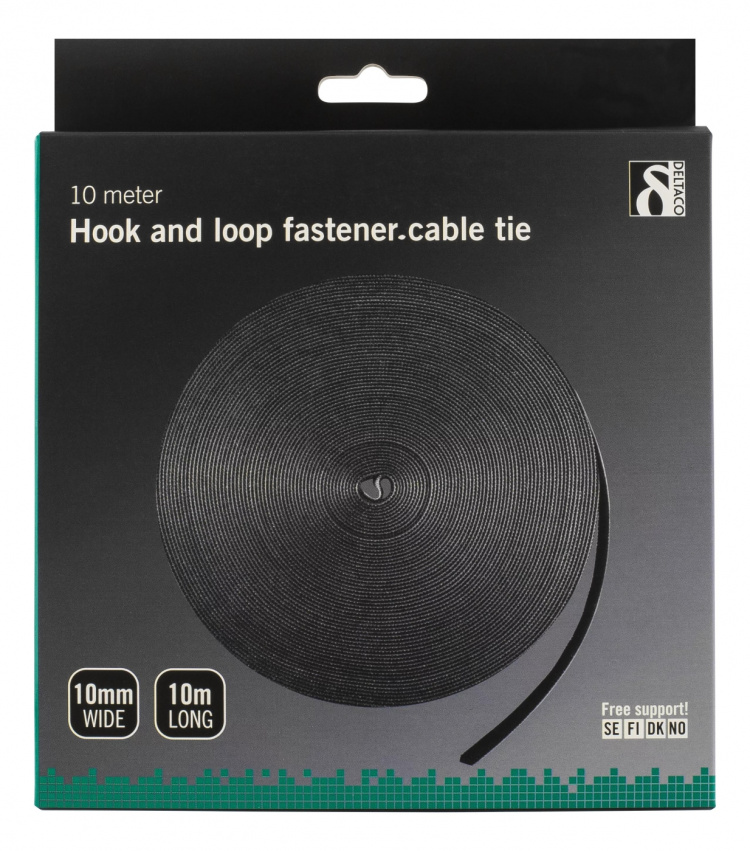 DELTACO Hook and loop fastener cable ties, width 9mm, 10m, black
