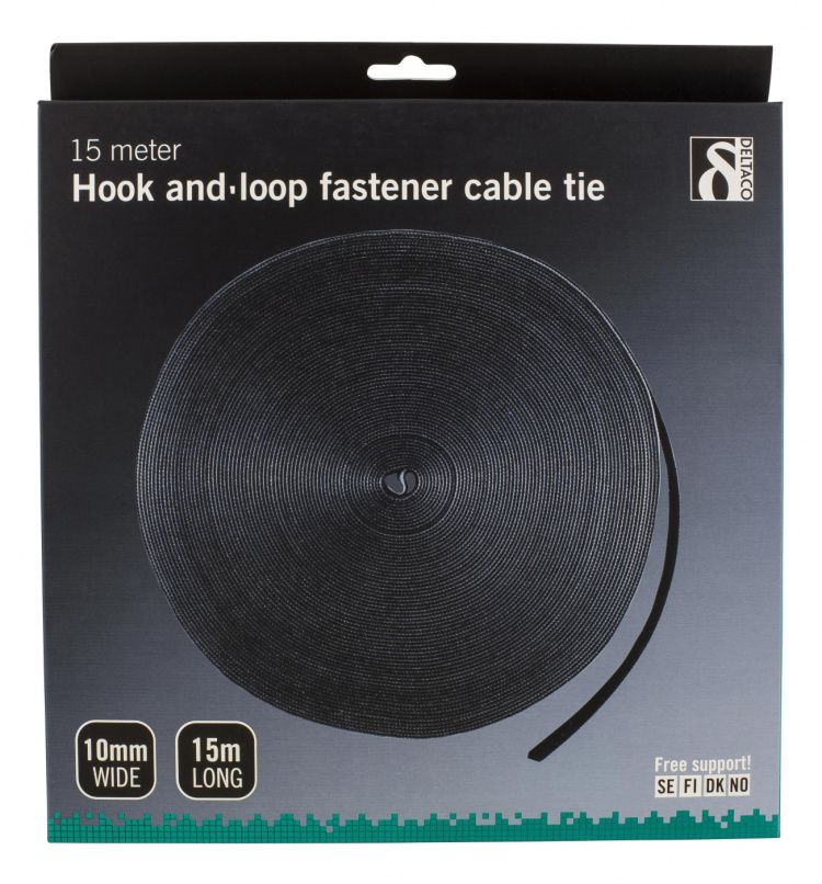 DELTACO Hook and loop fastener cable ties, width 10mm, 15m, black