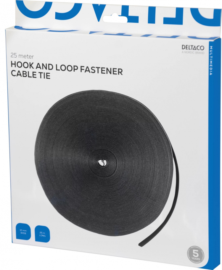 DELTACO Hook and loop fastener cable ties, width 10mm, 25m, black