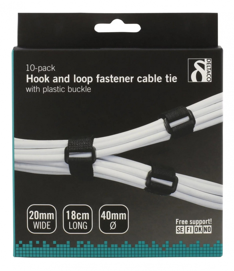 DELTACO Hook and loop fastener cable ties , 20x180mm, 10-pack, black