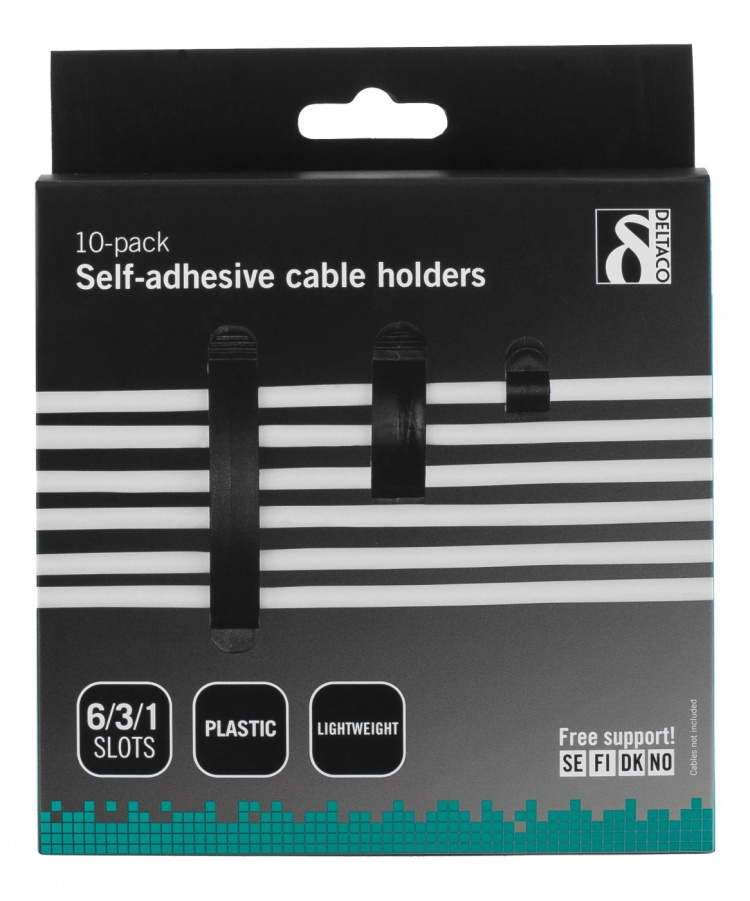 DELTACO adhesive cable clamps in plastic, 1/3/6 slots, 10-pack, black DELTACO adhesive cable clamps in plastic, 1/3/6 slots, 10-pack, black
