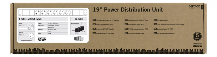 DELTACO strømskinne med <b>6xCEE 7/4 udtag</b>, 1xCEE 7/7 tilslutning