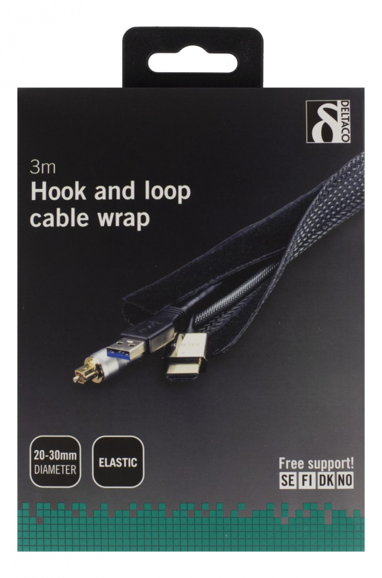 DELTACO kabelsorteringsstrømpe i nylon, burrebånd, 3m, sort