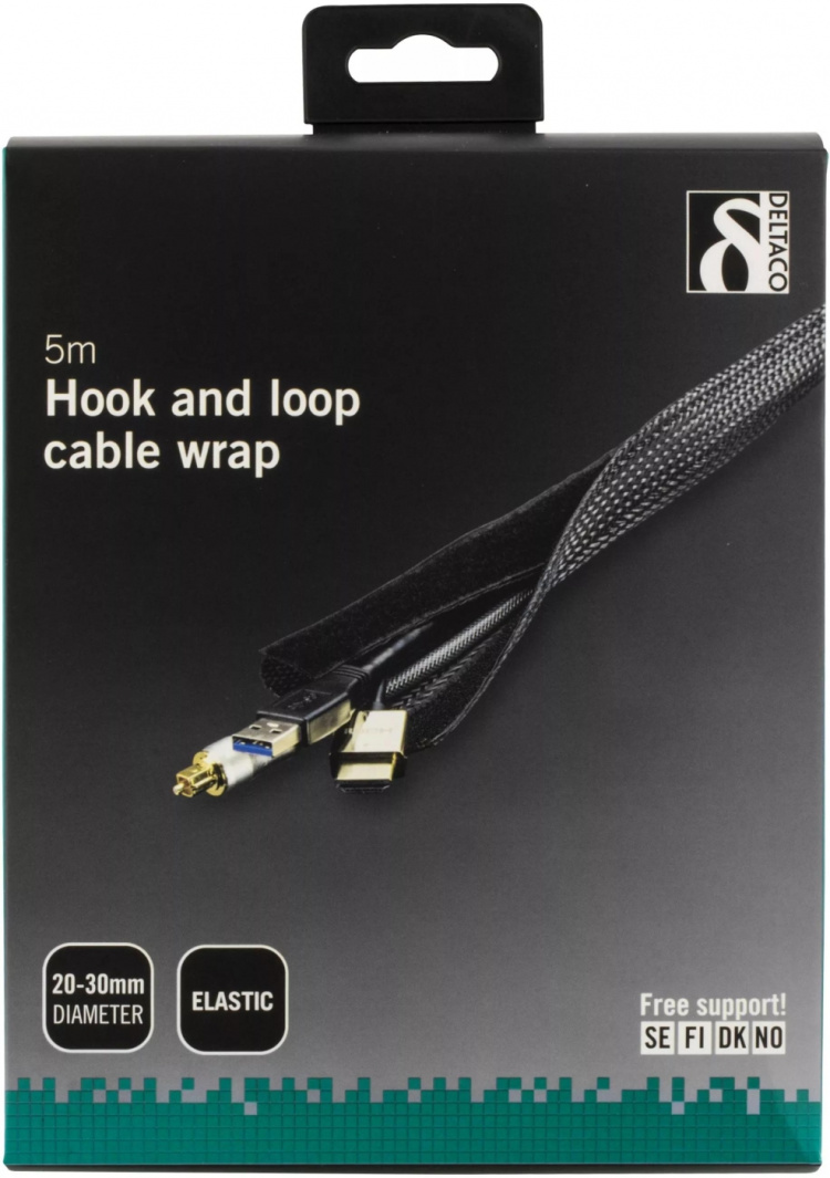 DELTACO kabelsorteringsstrømpe i nylon, lukkebånd, 5m, sort