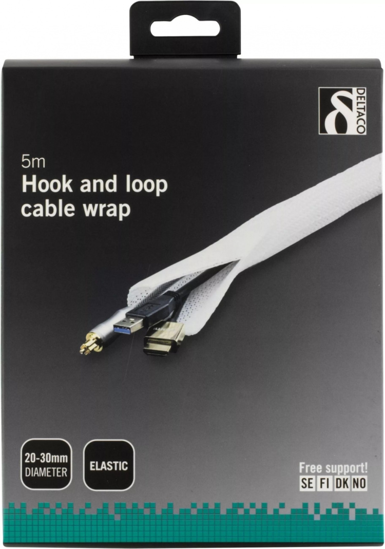 DELTACO kabelsorteringsstrømpe i nylon, lukkebånd, 5m, hvid