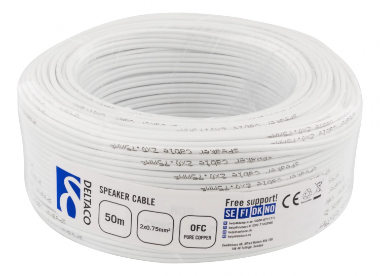 DELTACO Højtalerkabel, 2x0,75mm, hvid, rulle, 50m