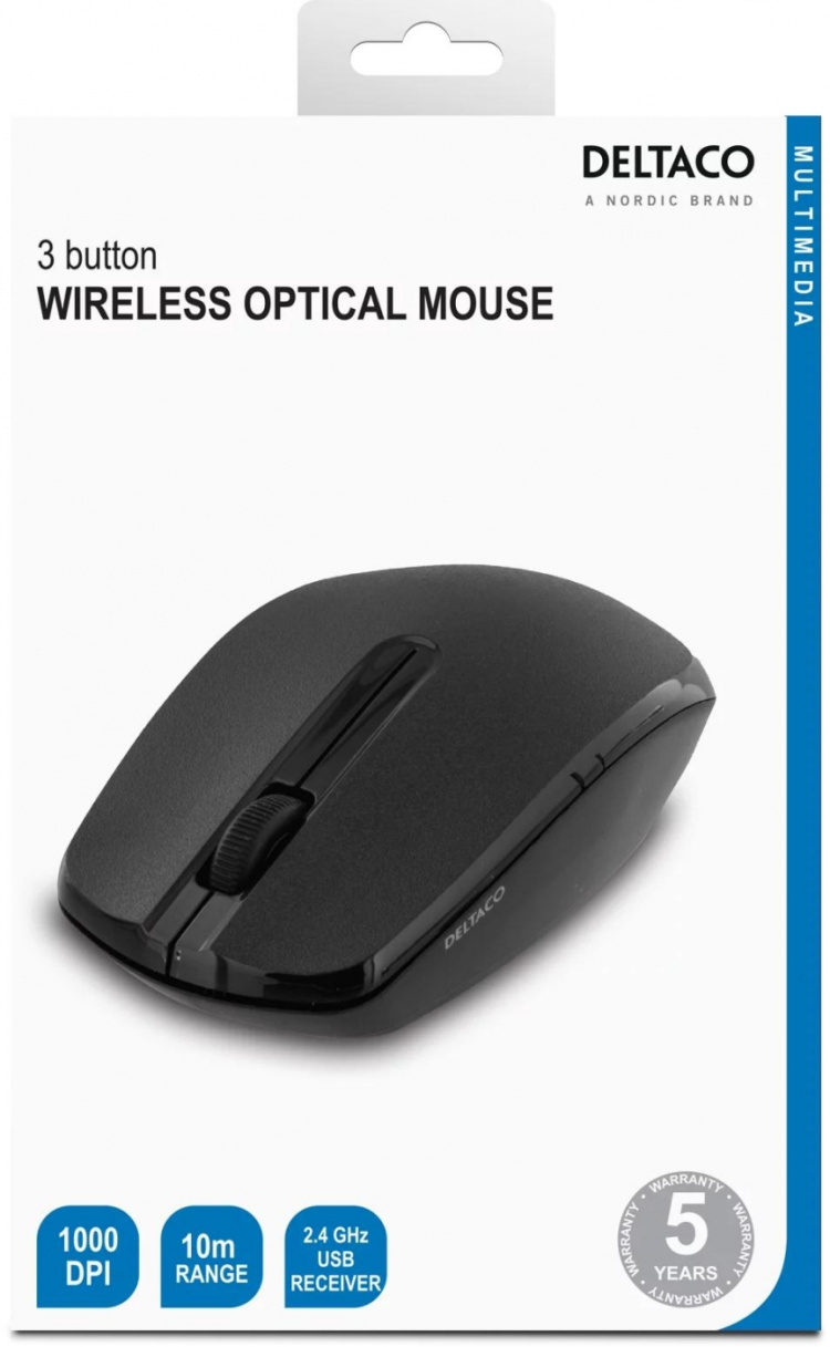 DELTACO trådløs optisk mus, 3 knapper og scrol, 1000 DPI, USB nano-m