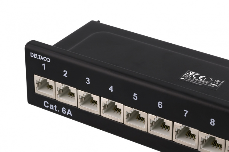 DELTACO Patch Panel, 12xRJ45, Cat6a, wall-mountable, metal, black