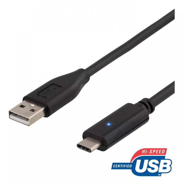 DELTACO, USB 2.0 kabel, USB-A han - USB-C han, 1m, sort