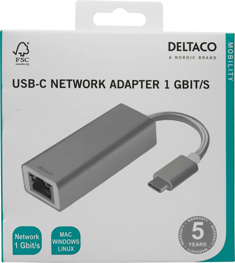 DELTACO PRIME USB C Network Adapter, Gigabit, RJ45,aluminum, silver