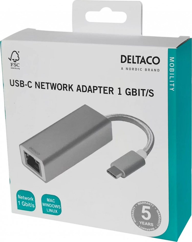DELTACO PRIME USB C Network Adapter, Gigabit, RJ45,aluminum, silver