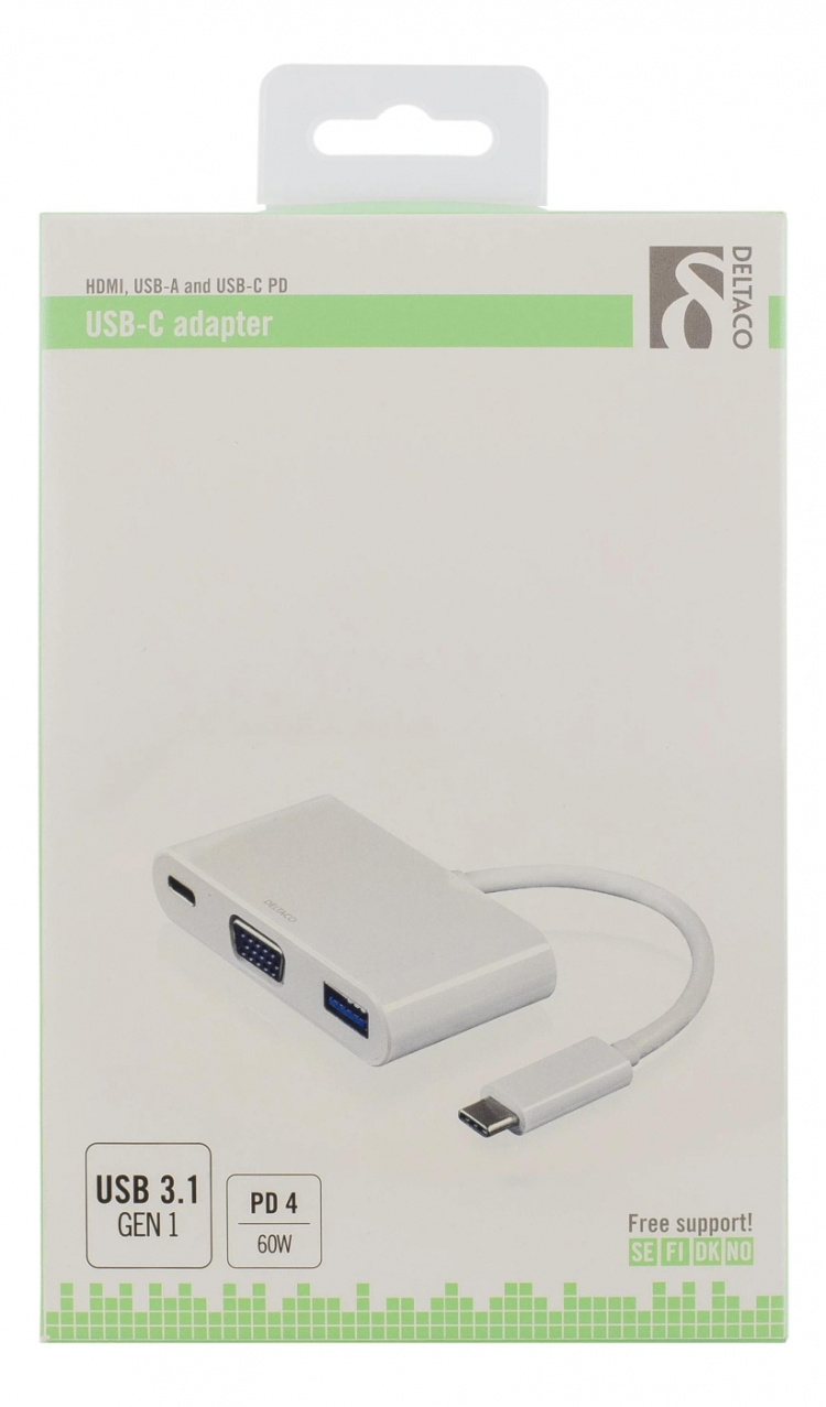 DELTACO USB-C to VGA and USB Type A adapter, USB-C FM, 60W, white