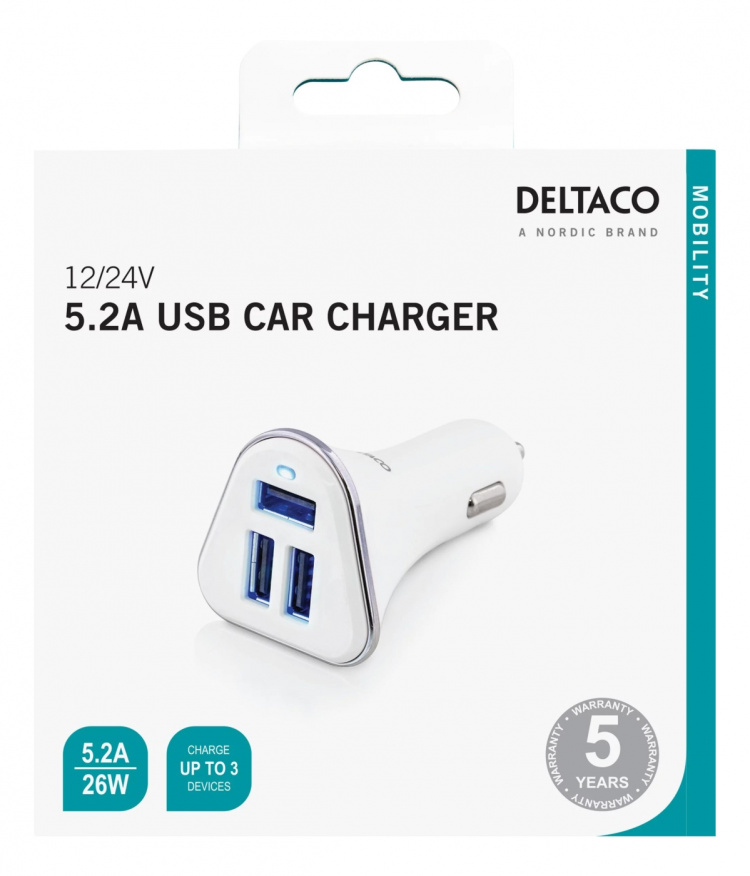 DELTACO car charger, 5,2A, 3xUSB Type A, 12-24V DC input, white/silver