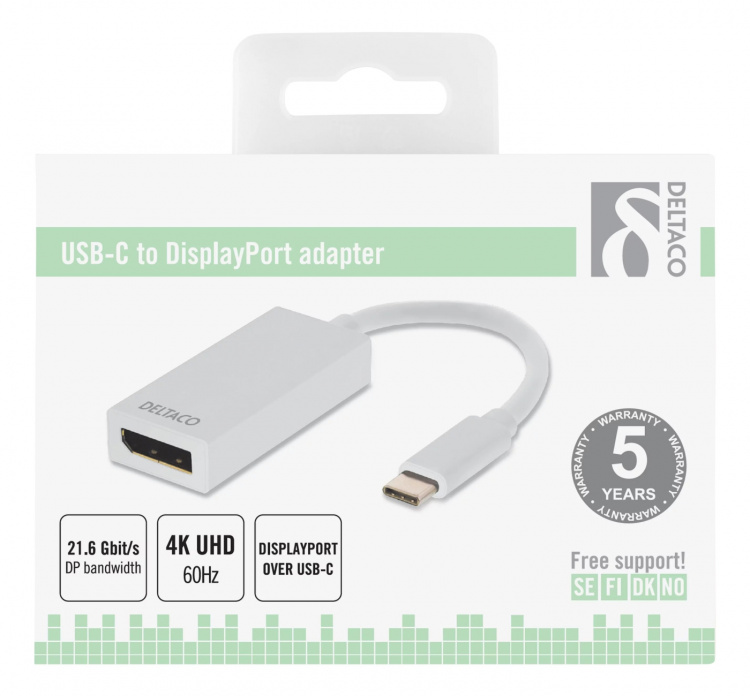 DELTACO USB 3.1 to DP adapter, Type C ma - DP fe, 4K, UHD, white DELTACO USB 3.1 to DP adapter, Type C ma - DP fe, 4K, UHD, white
