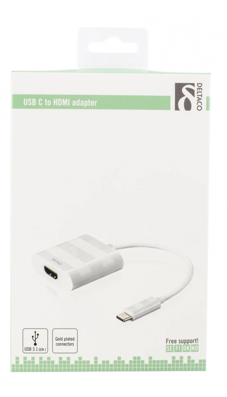 DELTACO, USB 3.1 til HDMI adapter, USB-C han - HDMI hun, hvid