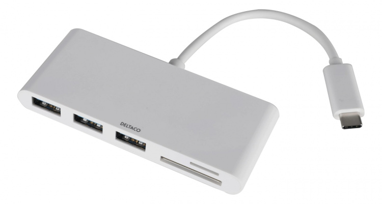 DELTACO USB 3.1 Gen 1 hub, USB-C, 3USB A, SD/microSD reader, white