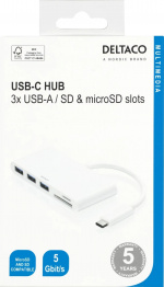 DELTACO USB 3.1 Gen 1 hub, USB-C, 3USB A, SD/microSD reader, white