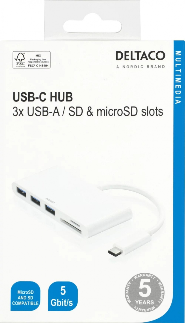 DELTACO USB 3.1 Gen 1 hub, USB-C, 3USB A, SD/microSD reader, white