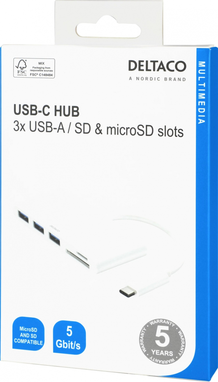 DELTACO USB 3.1 Gen 1 hub, USB-C, 3USB A, SD/microSD reader, white