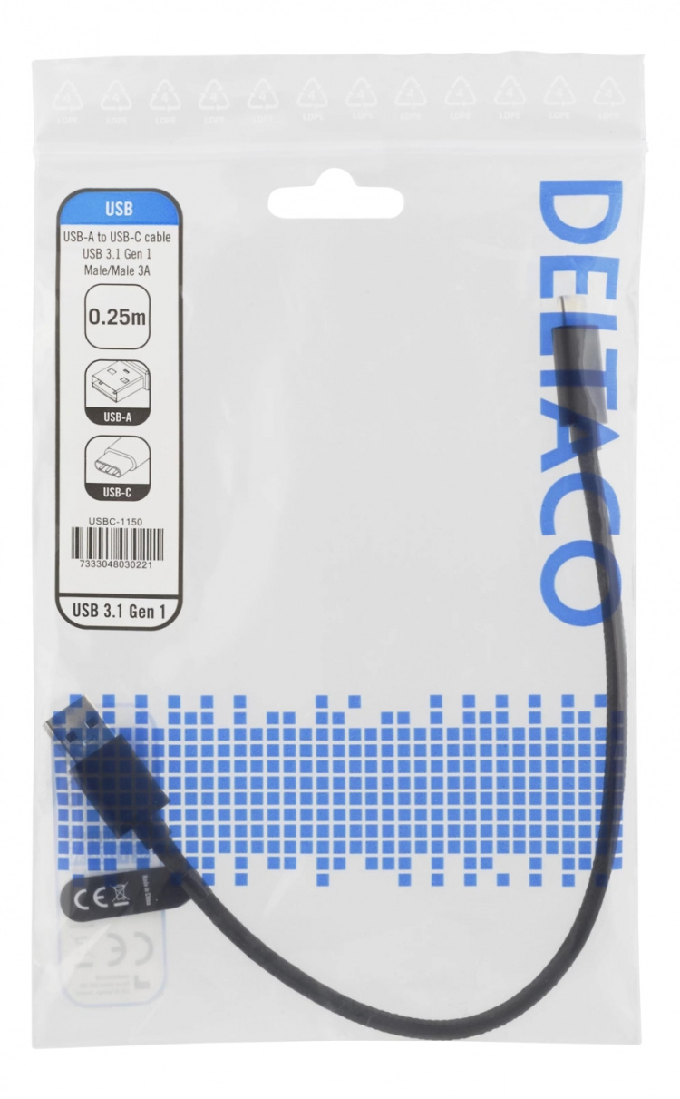 DELTACO USB 3.1 Gen1 braided USB-A - USB-C cable, 0.25m, 60W 3A, black