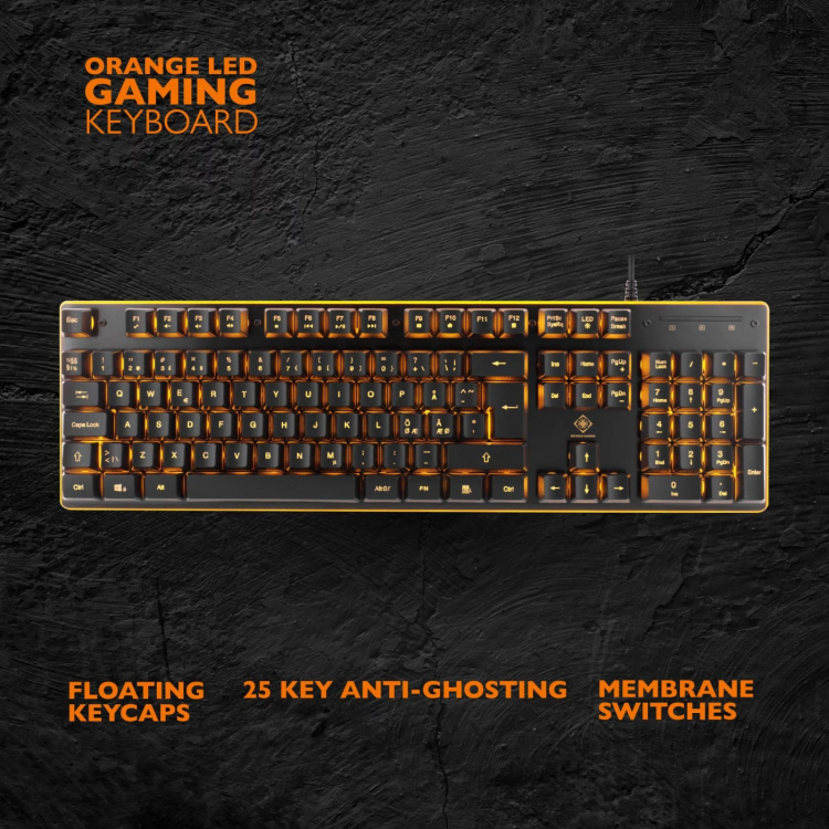DELTACO GAMING tastatur med membrankontakt, nordisk layout, orange belysning