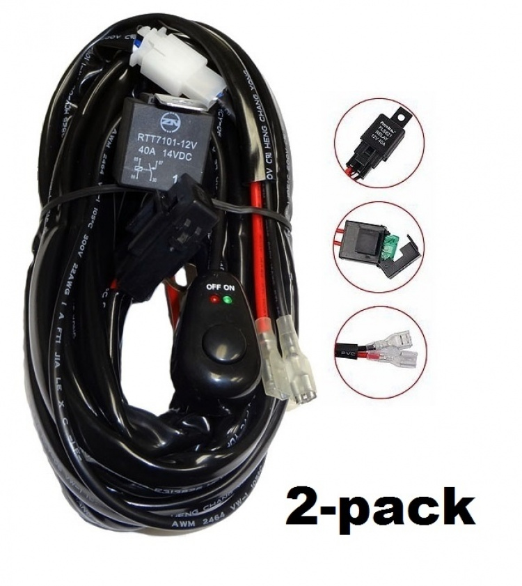 2-pak Relækabelsæt 40A med afbryder, til LED-ramper og ekstralys 2-pak Relækabelsæt 40A med afbryder, til LED-ramper og ekstralys