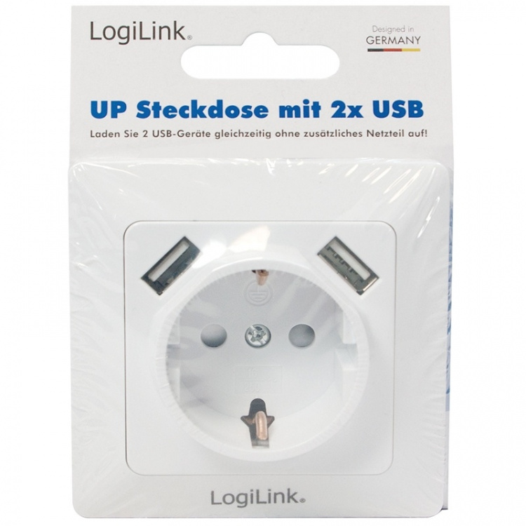 LogiLink Vägguttag 230V med 2xUSB 2,1A