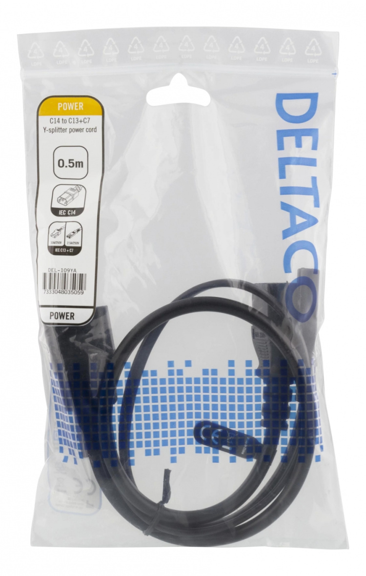 DELTACO Y-Splitter power cord C14 to C13+C7, 0,5m, black