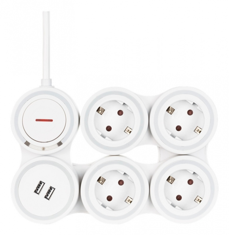 DELTACO Flexible 4-Socket Power strip, 1,4m, 16A 3500W, 2x USB-A, whit