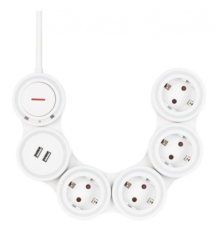 DELTACO Flexible 4-Socket Power strip, 1,4m, 16A 3500W, 2x USB-A, whit