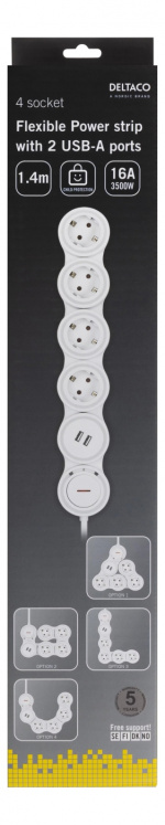 DELTACO Flexible 4-Socket Power strip, 1,4m, 16A 3500W, 2x USB-A, whit