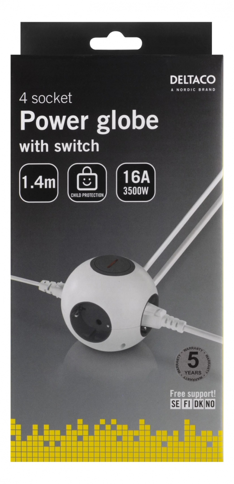5 pcs DELTACO Power globe with switch, 4xCEE 7/4, 1xCEE 7/7, 1.4m cable, whi