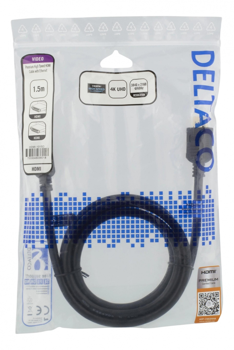 DELTACO High-Speed Premium HDMI cable, 1,5m, Ethernet, 4K UHD, black