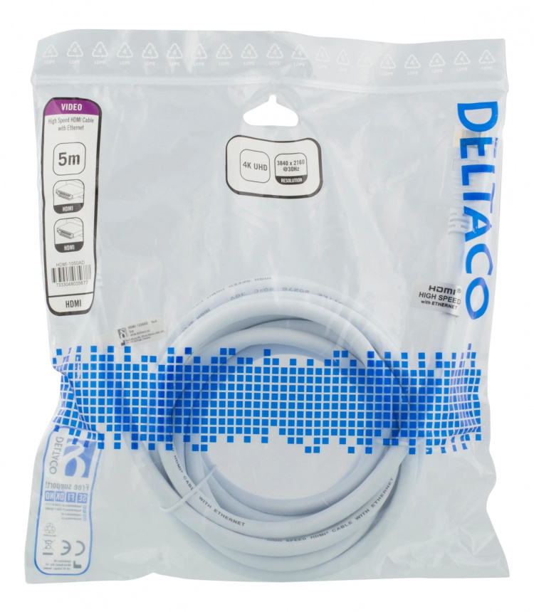 DELTACO High-Speed HDMI kabel, 5m, Ethernet, 4K UHD, hvid