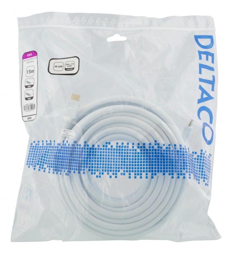 DELTACO High-Speed HDMI kabel, 15m, Ethernet, 4K UHD, hvid