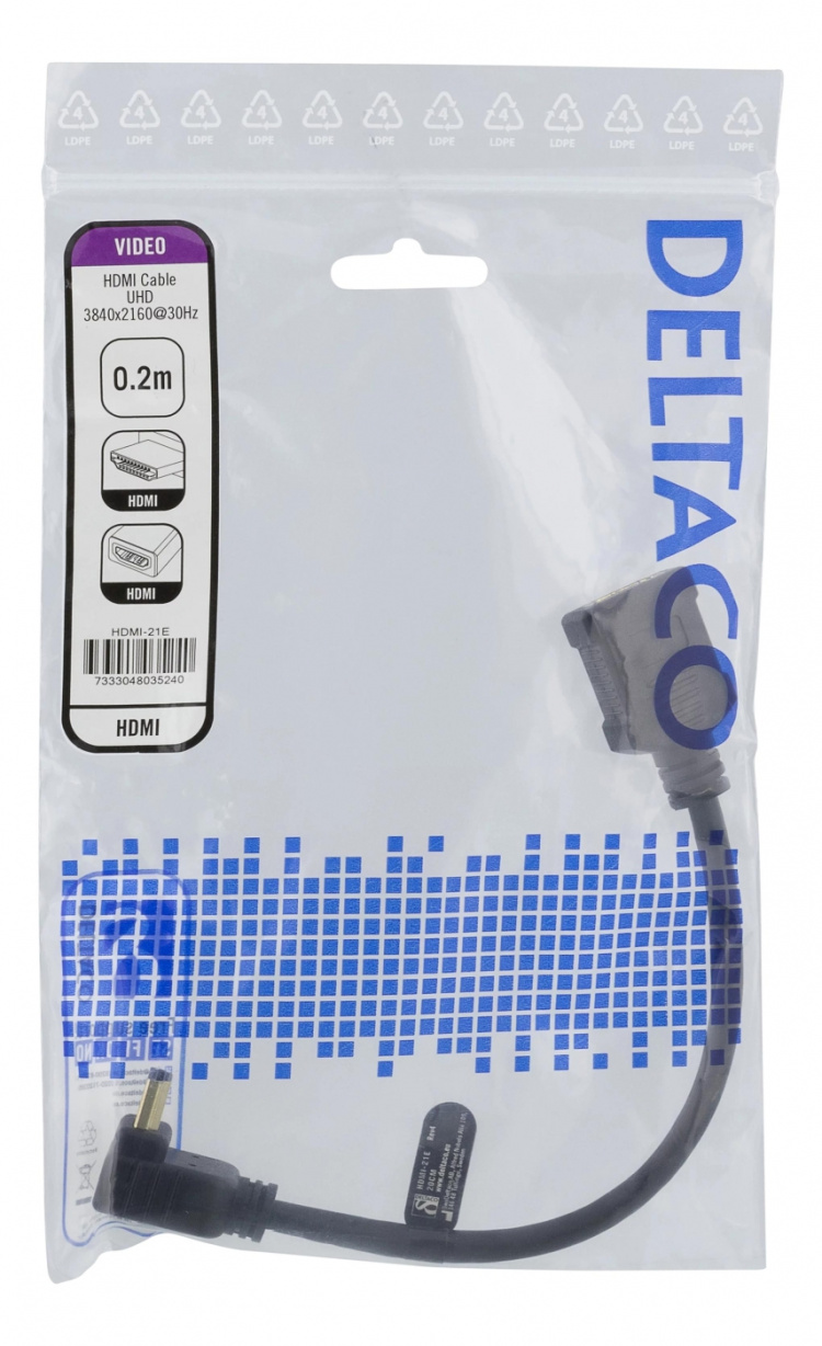 DELTACO Flexible HDMI adapter, 0,2m, right-down, HDMI M/F, UHD, black