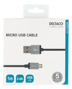 DELTACO USB cable, braided, Type A ha - Type Micro B, 1m, black