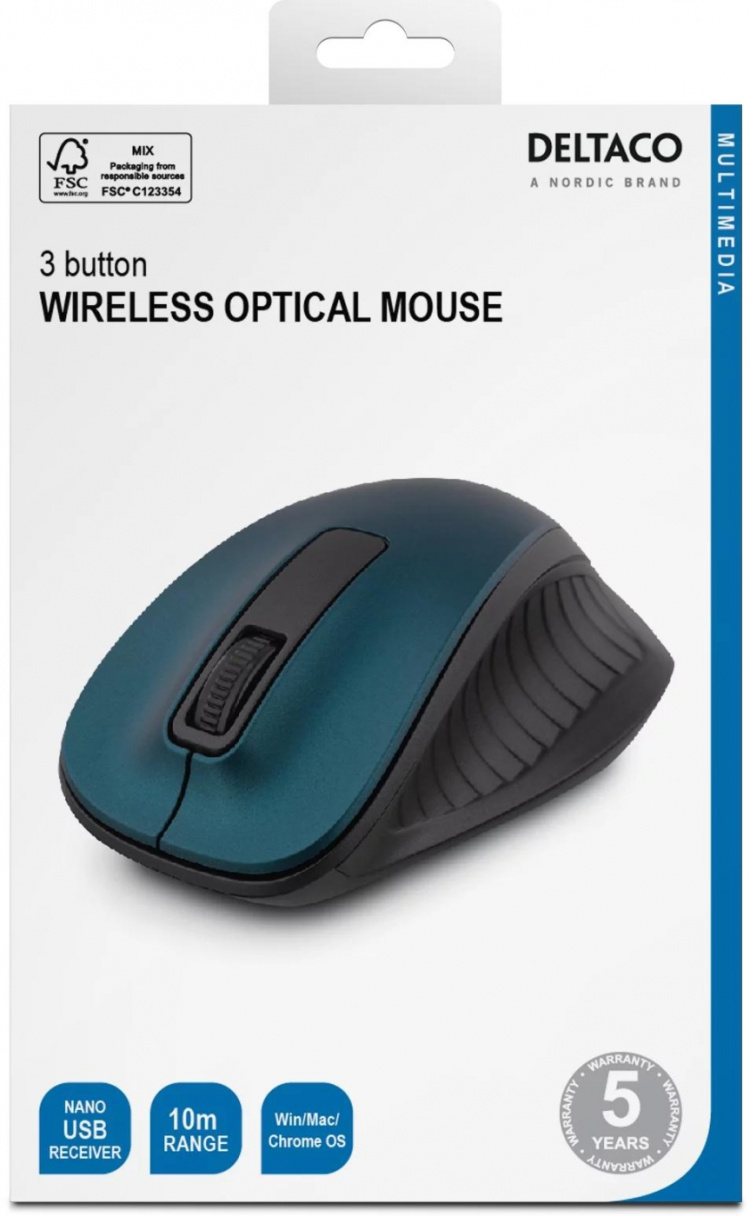 DELTACO wireless optical mouse, 1200 DPI, blue
