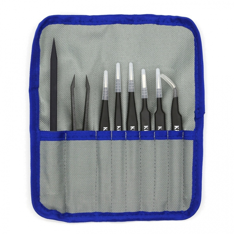 Kingsdun tip set, 8 parts, ESD, tweezers, black