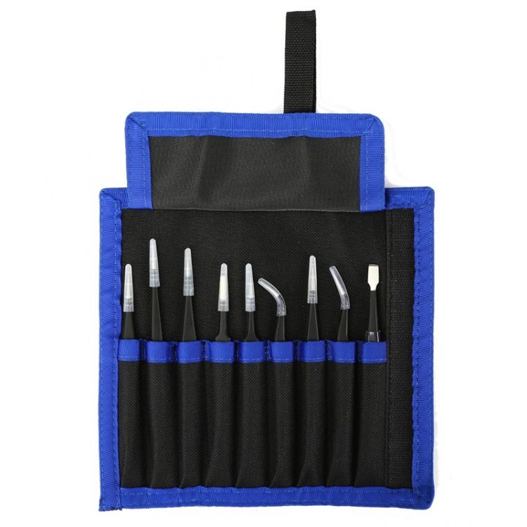 Tweezer kit, 9 pieces, ESD, black