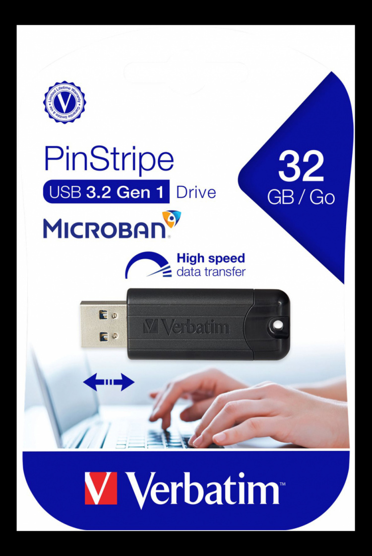 Verbatim PinStripe USB Flash drive, 32GB, USB 3.0, retractable connect