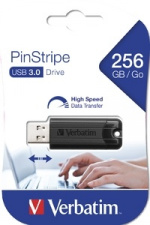 Verbatim PinStripe 256GB USB Drive, USB 3.0, retractable design, black