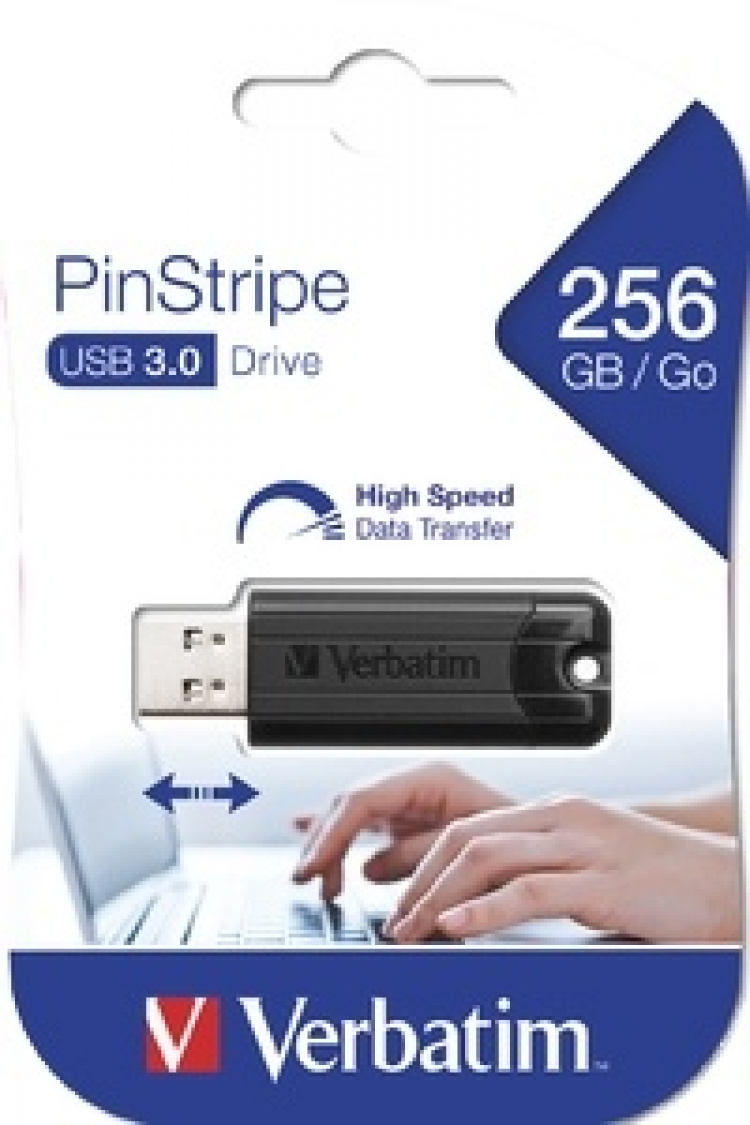 Verbatim PinStripe 256GB USB Drive, USB 3.0, retractable design, black